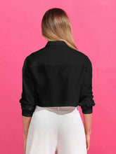 Solid Button Front Pocket Patched Crop Shirt